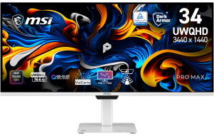 Product image: Monitor MSI PRO MAX 341QPXW14G / 86,4 cm (34") / 3440x1440 (UWQHD) / QD-OLED / 144 Hz / 0.03 ms (GTG) / 300 nits / 1500000:1 / KVM / adjustable height
